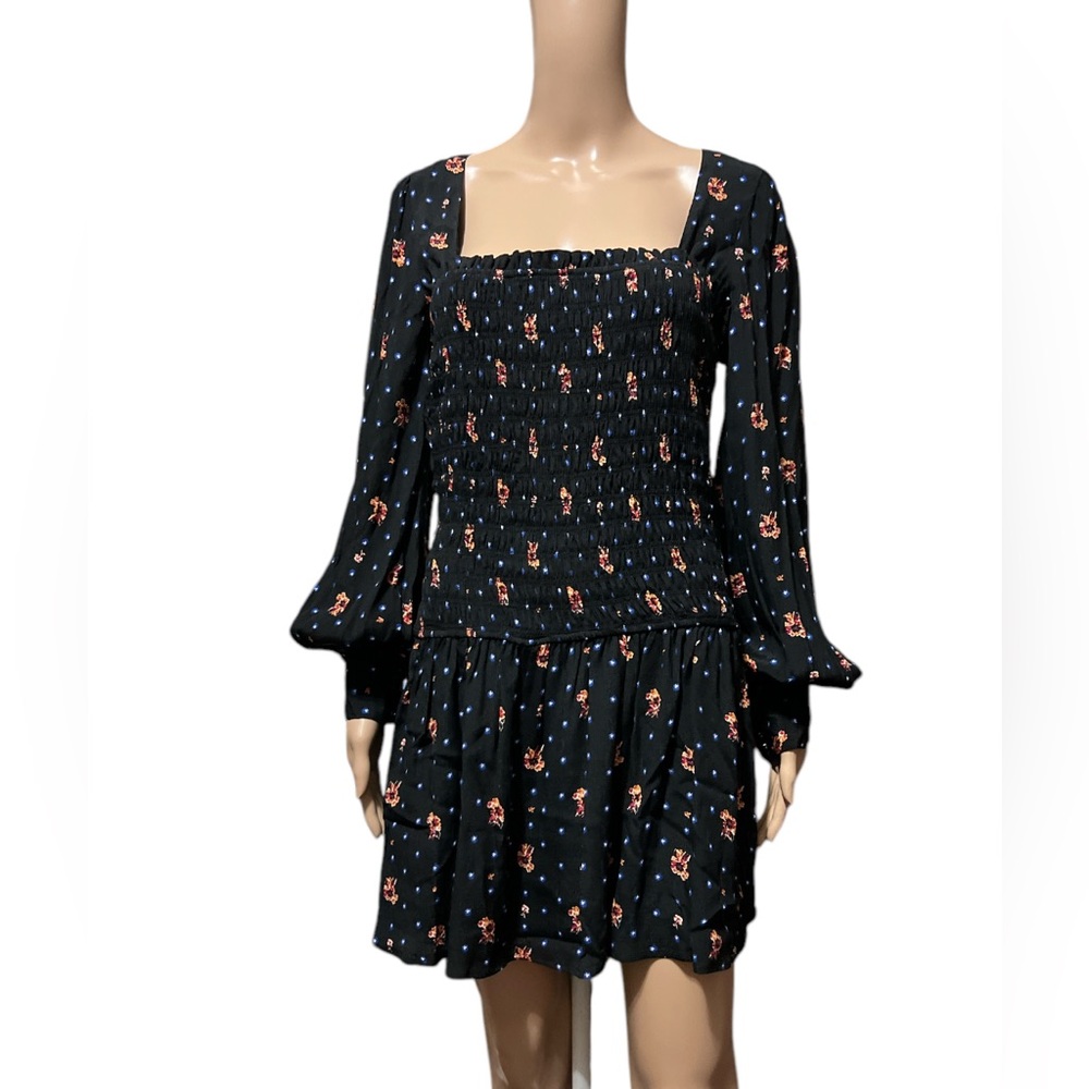 NWT Free People Sz XS Black Floral Square Neck Smocked Long Sleeve Mini Dress